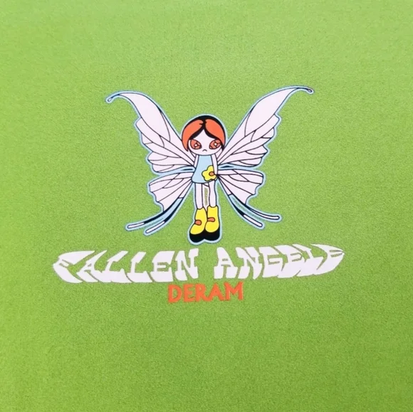Fallen Angel Dream Y2K Style Lime Green Cropped Baby Tee w/ Fairy Girl Graphic - Picture 3 of 6